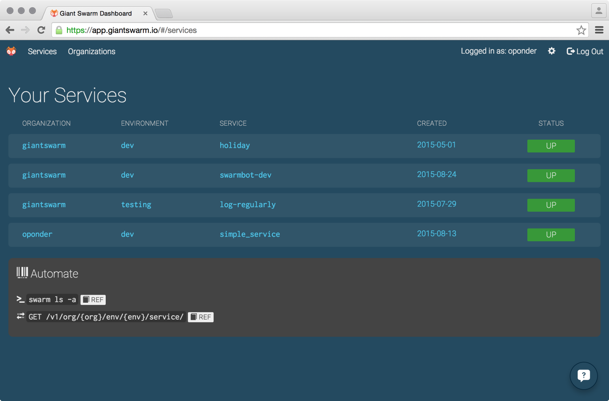 Giant Swarm Web UI Screenshot